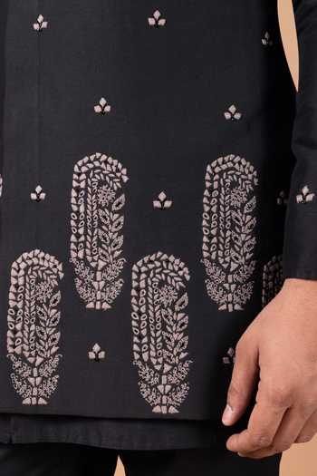 Shop_Priyanka Haralalka_Black Silk, Cotton Bundi And Kurta Set 
