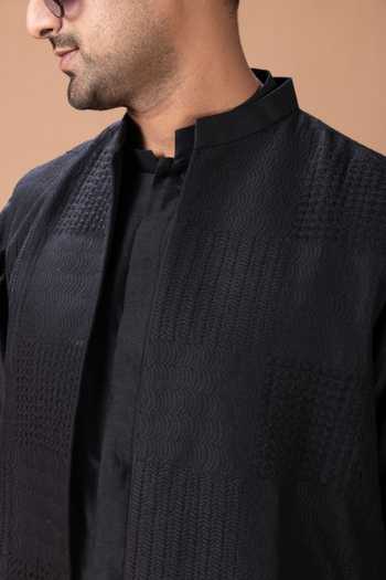 Buy_Priyanka Haralalka_Black Silk, Cotton Kurta Set With Nehru Jacket _Online_at_Aza_Fashions