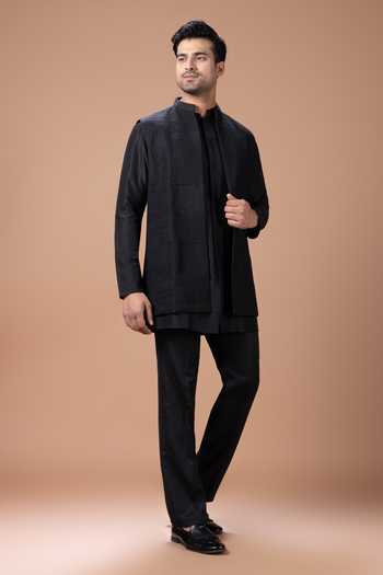 Shop_Priyanka Haralalka_Black Silk, Cotton Kurta Set With Nehru Jacket _Online_at_Aza_Fashions