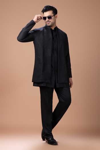Priyanka Haralalka_Black Silk, Cotton Kurta Set With Nehru Jacket _at_Aza_Fashions