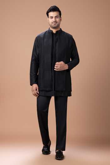 Buy_Priyanka Haralalka_Black Silk, Cotton Kurta Set With Nehru Jacket _at_Aza_Fashions