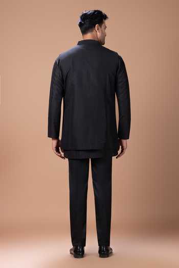 Shop_Priyanka Haralalka_Black Silk, Cotton Kurta Set With Nehru Jacket _at_Aza_Fashions