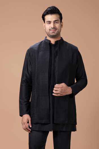 Buy_Priyanka Haralalka_Black Silk, Cotton Kurta Set With Nehru Jacket 