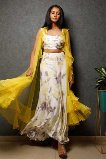 Shop_Dajwaree_Yellow Georgette, Cotton Ruffles Open Neck, Bordered Jacket Tie Dye Pant Set 