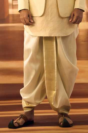 Vivek Karunakaran_Cream Silk, Linen, Jacquard Woven Bandhgala And Kurta Set _Online_at_Aza_Fashions