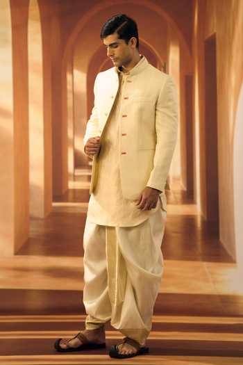 Buy_Vivek Karunakaran_Cream Silk, Linen, Jacquard Woven Bandhgala And Kurta Set _Online_at_Aza_Fashions