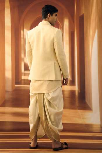 Shop_Vivek Karunakaran_Cream Silk, Linen, Jacquard Woven Bandhgala And Kurta Set _at_Aza_Fashions