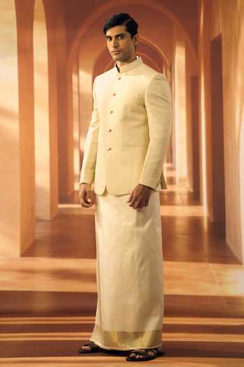 Vivek Karunakaran_Cream Silk, Linen, Jacquard Embroidery Ceremonial Bandhgala _Online_at_Aza_Fashions