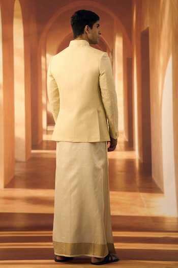 Shop_Vivek Karunakaran_Cream Silk, Linen, Jacquard Embroidery Ceremonial Bandhgala _at_Aza_Fashions