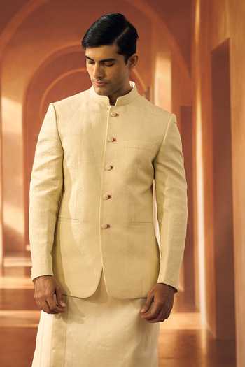 Buy_Vivek Karunakaran_Cream Silk, Linen, Jacquard Embroidery Ceremonial Bandhgala _at_Aza_Fashions