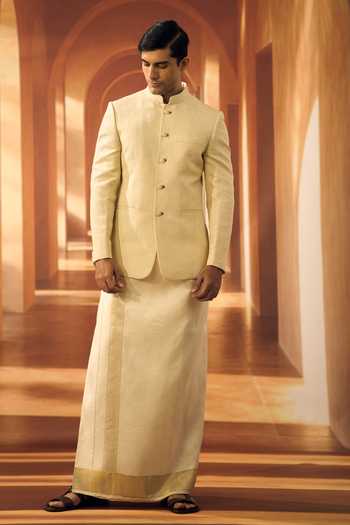 Buy_Vivek Karunakaran_Cream Silk, Linen, Jacquard Embroidery Ceremonial Bandhgala _Online_at_Aza_Fashions