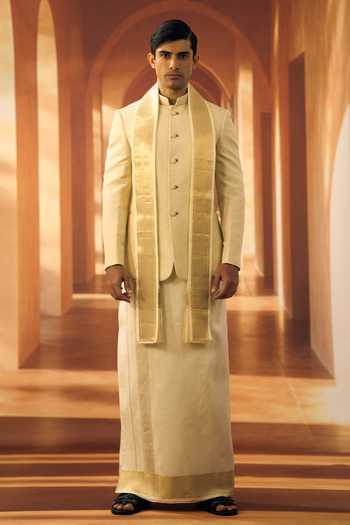 Shop_Vivek Karunakaran_Cream Silk, Linen, Jacquard Embroidery Ceremonial Bandhgala _Online_at_Aza_Fashions