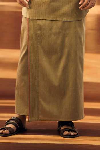 Vivek Karunakaran_Olive Green Cotton Linear Textured Kurta With Veshti _Online_at_Aza_Fashions