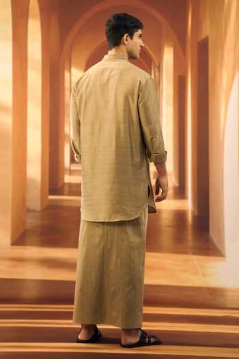 Shop_Vivek Karunakaran_Olive Green Cotton Linear Texture Kurta _at_Aza_Fashions