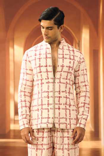 Vivek Karunakaran_White Linen Kural Script Checkered Shacket And Pant Set _Online_at_Aza_Fashions