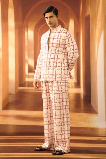 Buy_Vivek Karunakaran_White Linen Kural Script Checkered Shacket And Pant Set _Online_at_Aza_Fashions