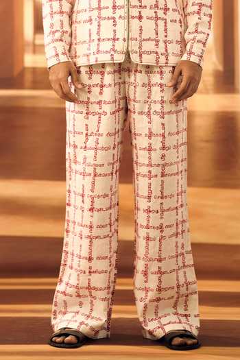Shop_Vivek Karunakaran_White Linen Kural Script Checkered Shacket And Pant Set _Online_at_Aza_Fashions