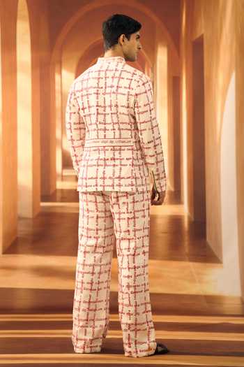 Shop_Vivek Karunakaran_White Linen Kural Script Checkered Shacket And Pant Set _at_Aza_Fashions