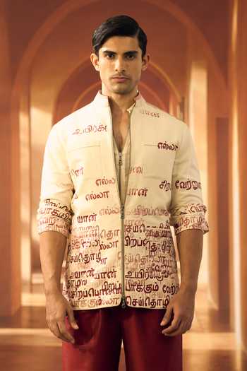 Buy_Vivek Karunakaran_Cream Linen Kural Print Shacket _at_Aza_Fashions