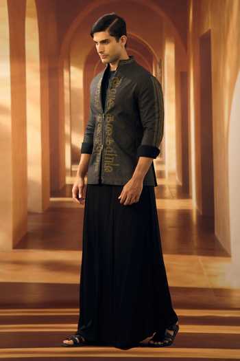 Vivek Karunakaran_Black Silk Noir Checkered Script Applique Shacket _Online_at_Aza_Fashions