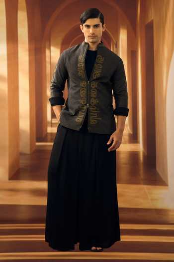 Buy_Vivek Karunakaran_Black Silk Noir Checkered Script Applique Shacket _Online_at_Aza_Fashions