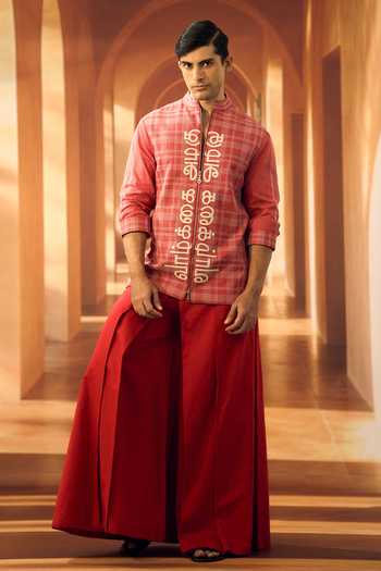 Vivek Karunakaran_Red Poplin Checkered Script Applique Shacket _Online_at_Aza_Fashions