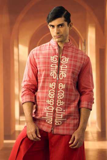 Buy_Vivek Karunakaran_Red Poplin Checkered Script Applique Shacket _at_Aza_Fashions