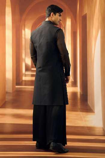 Shop_Vivek Karunakaran_Black Silk Noir Jasmine Strand Open Sherwani _at_Aza_Fashions