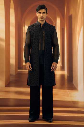 Buy_Vivek Karunakaran_Black Silk Noir Jasmine Strand Open Sherwani _Online_at_Aza_Fashions