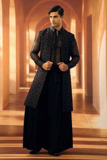 Shop_Vivek Karunakaran_Black Silk Noir Jasmine Strand Open Sherwani _Online_at_Aza_Fashions