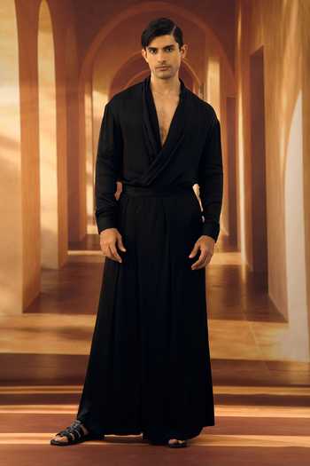 Vivek Karunakaran_Black Satin, Modal Wrap Shirt _Online_at_Aza_Fashions