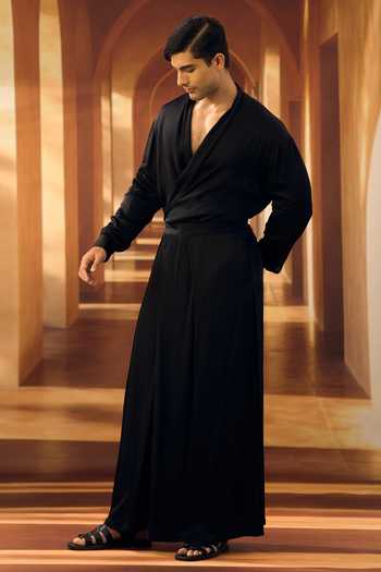 Buy_Vivek Karunakaran_Black Satin, Modal Wrap Shirt _Online_at_Aza_Fashions