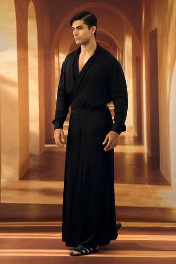 Shop_Vivek Karunakaran_Black Satin, Modal Wrap Shirt _Online_at_Aza_Fashions