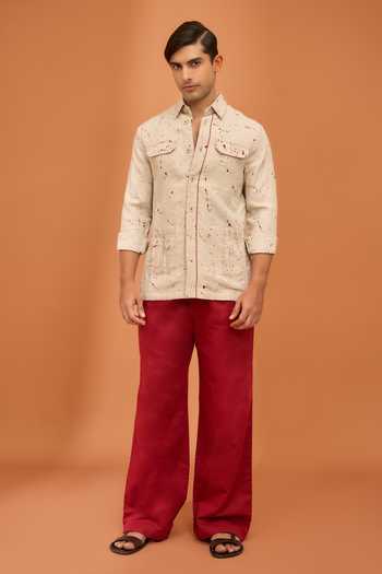 Buy_Vivek Karunakaran_Beige Linen Script And Splatter Dusky Shacket _Online_at_Aza_Fashions