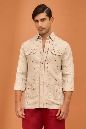 Buy_Vivek Karunakaran_Beige Linen Script And Splatter Dusky Shacket _at_Aza_Fashions