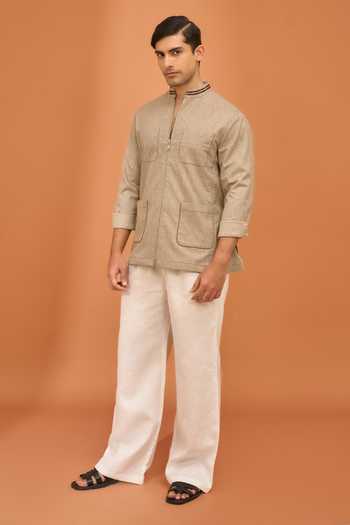 Buy_Vivek Karunakaran_Beige Suiting Sporty Smudge Clay Shacket _Online_at_Aza_Fashions