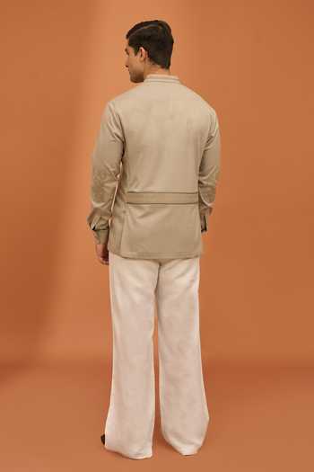 Shop_Vivek Karunakaran_Beige Suiting Kinetic Drift Clay Shacket _at_Aza_Fashions