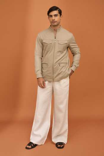 Buy_Vivek Karunakaran_Beige Suiting Kinetic Drift Clay Shacket _Online_at_Aza_Fashions