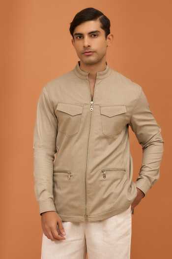 Buy_Vivek Karunakaran_Beige Suiting Kinetic Drift Clay Shacket _at_Aza_Fashions