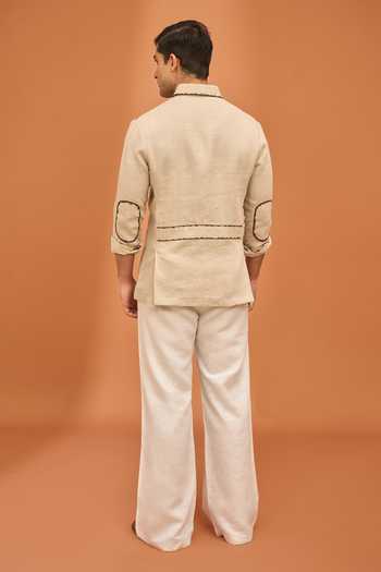 Shop_Vivek Karunakaran_Beige Suiting Mocha Tipped Classic Shacket _at_Aza_Fashions