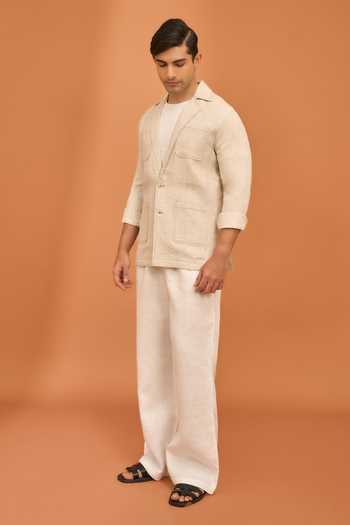 Vivek Karunakaran_Beige Linen Sand Notch Collar Shacket _Online_at_Aza_Fashions