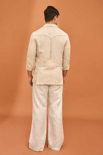 Shop_Vivek Karunakaran_Beige Linen Sand Notch Collar Shacket _at_Aza_Fashions