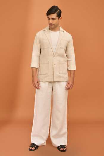 Buy_Vivek Karunakaran_Beige Linen Sand Notch Collar Shacket _Online_at_Aza_Fashions
