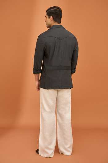 Shop_Vivek Karunakaran_Grey Suiting Charcoal Notch Collar Shacket _at_Aza_Fashions