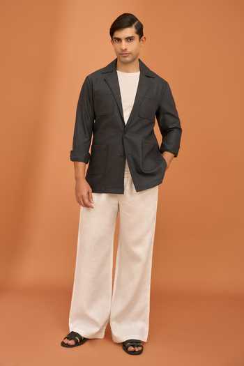 Vivek Karunakaran_Grey Suiting Charcoal Notch Collar Shacket _Online_at_Aza_Fashions
