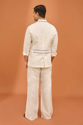 Shop_Vivek Karunakaran_Off White Linen Indigo Tipped Sporty Shacket _at_Aza_Fashions