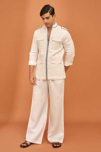 Vivek Karunakaran_Off White Linen Indigo Tipped Sporty Shacket _Online_at_Aza_Fashions