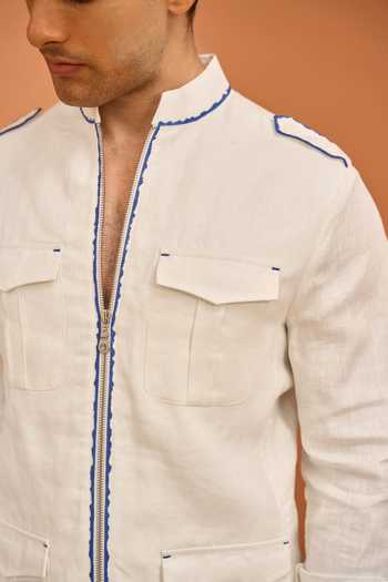 Buy_Vivek Karunakaran_Off White Linen Indigo Tipped Sporty Shacket _Online_at_Aza_Fashions