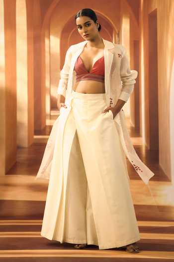 Vivek Karunakaran_Ivory Organza Embroidery V-neck Jacket And Palazzo Set _Online_at_Aza_Fashions