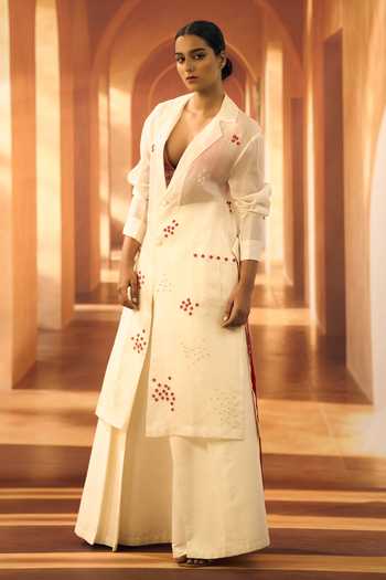 Buy_Vivek Karunakaran_Ivory Organza Embroidery V-neck Jacket And Palazzo Set _Online_at_Aza_Fashions
